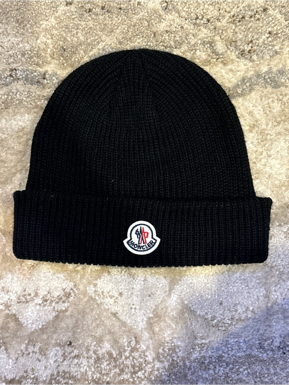 Moncler Black Ribbed Cuffed Beanie with Logo Patch